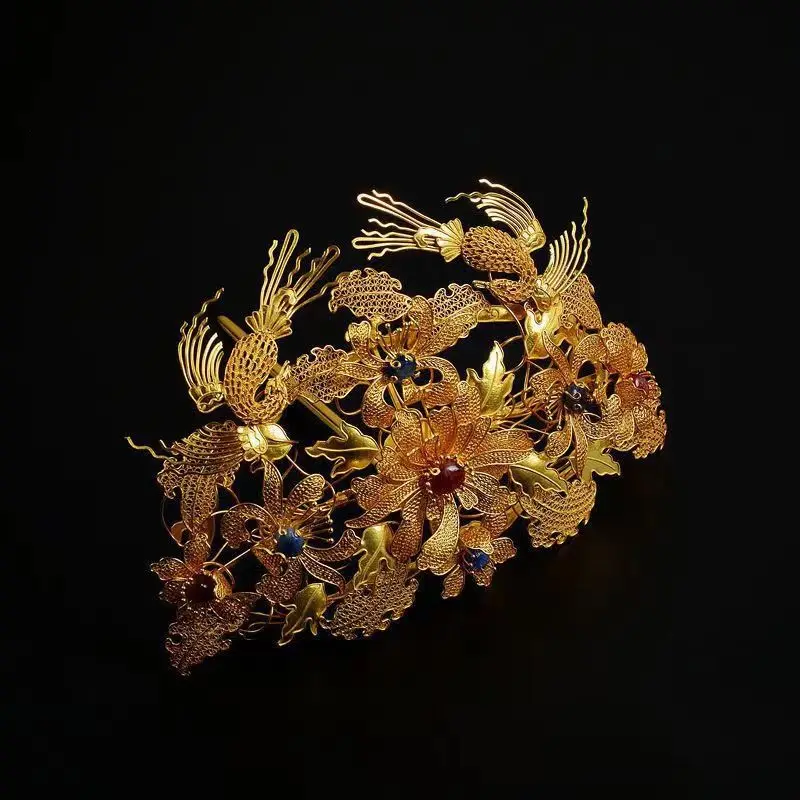 Pure copper gold-plated hair crown double bird ring flower set ancient headdress hair crown bride wedding spot phoenix crown