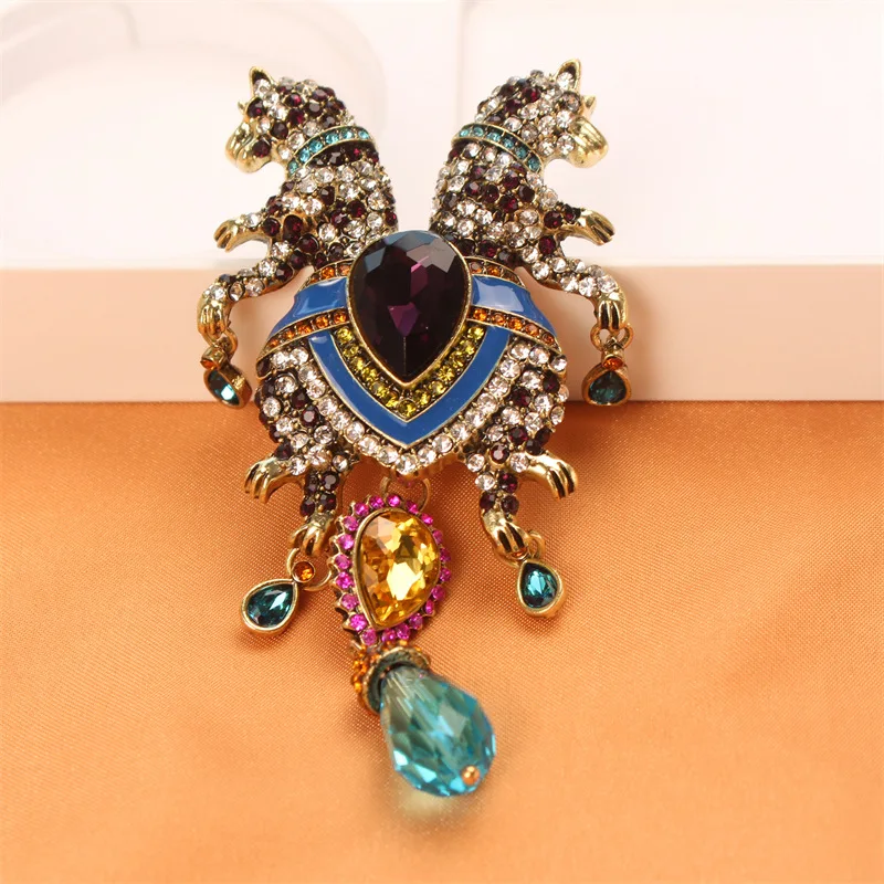 

luxury symmetrical double leopard brooch, heavy animal exaggerated animal pins accessory