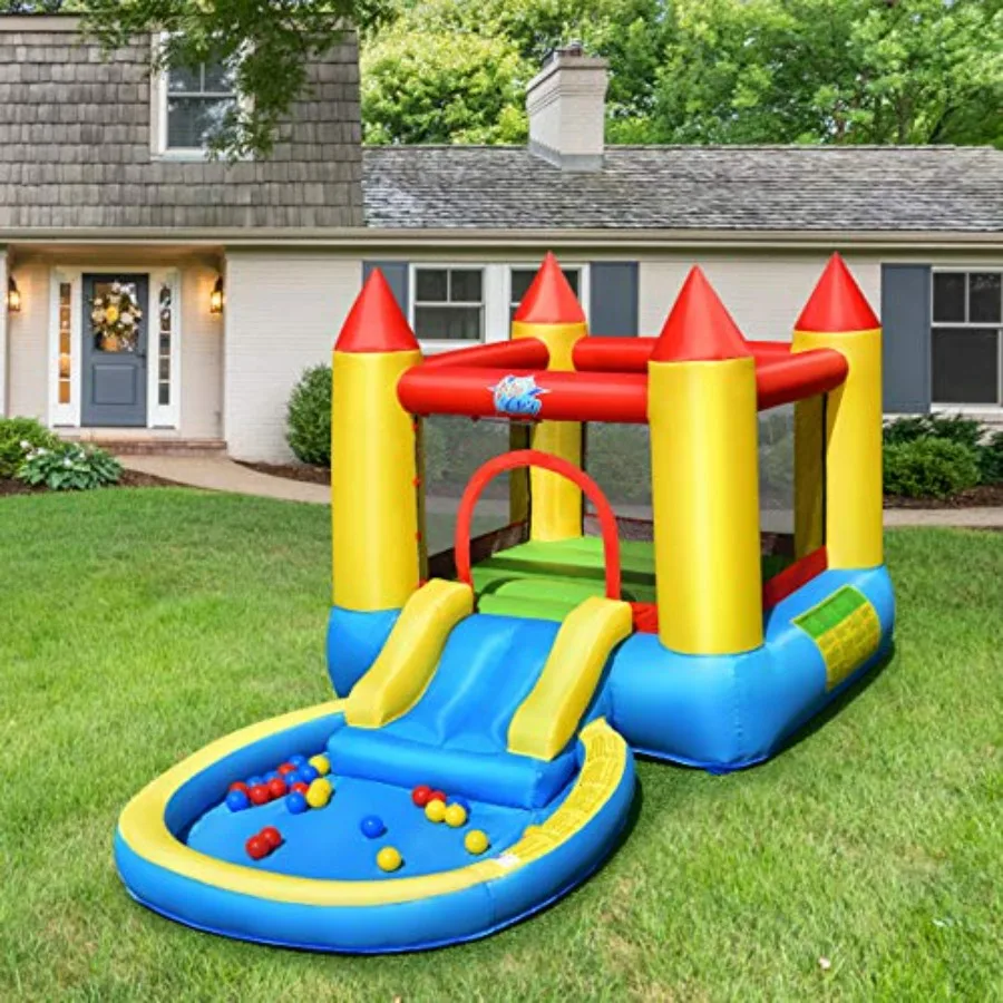 Outdoor backyard inflatable bounce house for kids aged 3-5: PVC material, blue and yellow, includes water slide, jumping area, view 3