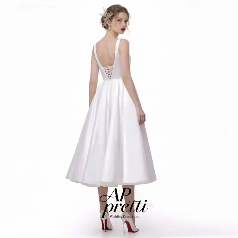 AP pretti Lovely Soft Satin Wedding Dress Square Neck Customized Sleeveless Tea-Length A-line Bridal Gown Vestidos De Novia