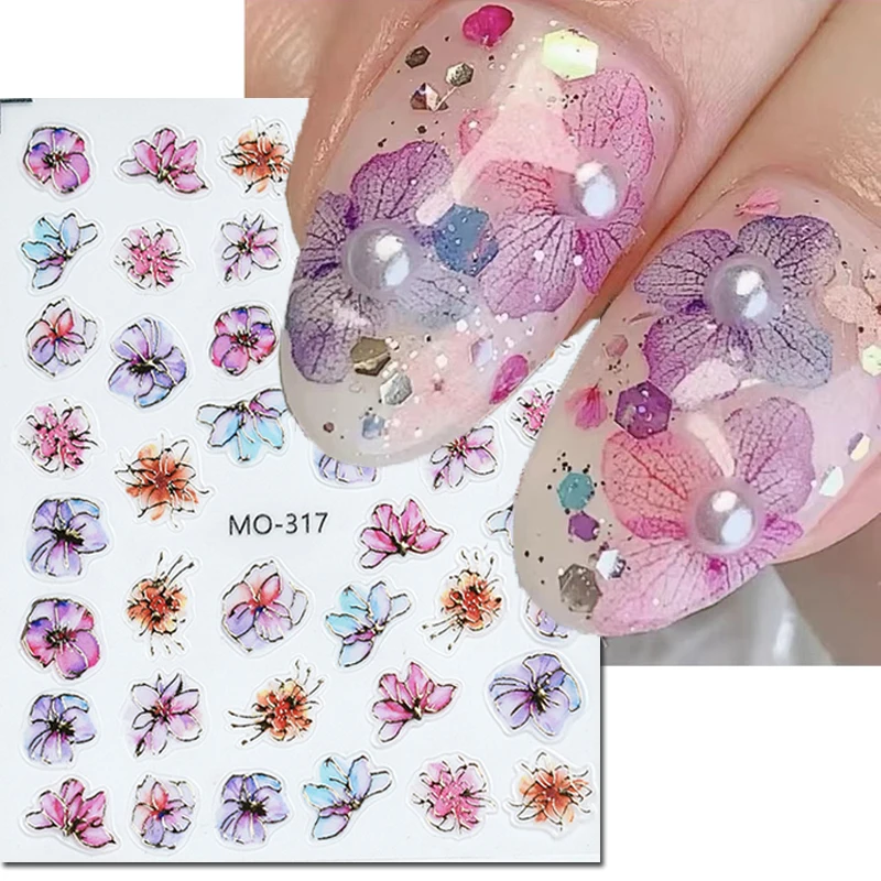 5d Emboss Nail Art Stickers Gold Line Watercolor Purple Blue Yellow Petals Flowers Nail Decals For Manicure Tips Accessories