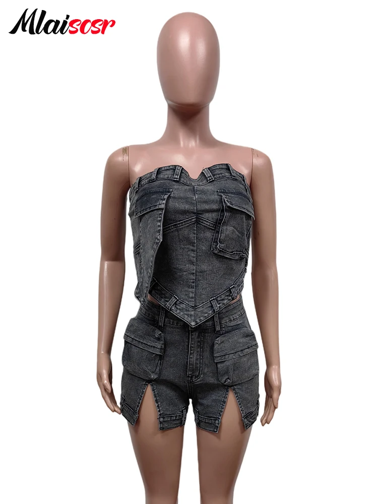 Mlaiscsr Black Stretch Denim Pocket Women Two 2 Piece Set Strapless Tops and Shorts Jean Matching Hipster Club Birthday Outfits