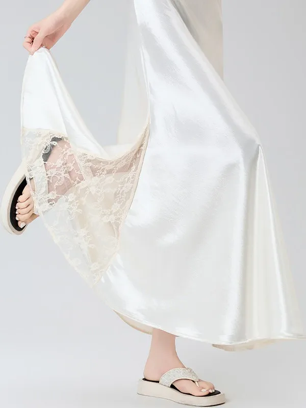 

Ацетатная атласная юбка А-силуэта для женщин, летняя, с кружевными вставками, средней длины, с завышенной талией, с драпировкой, с эффектом «рыбий хвост», для повседневной носки