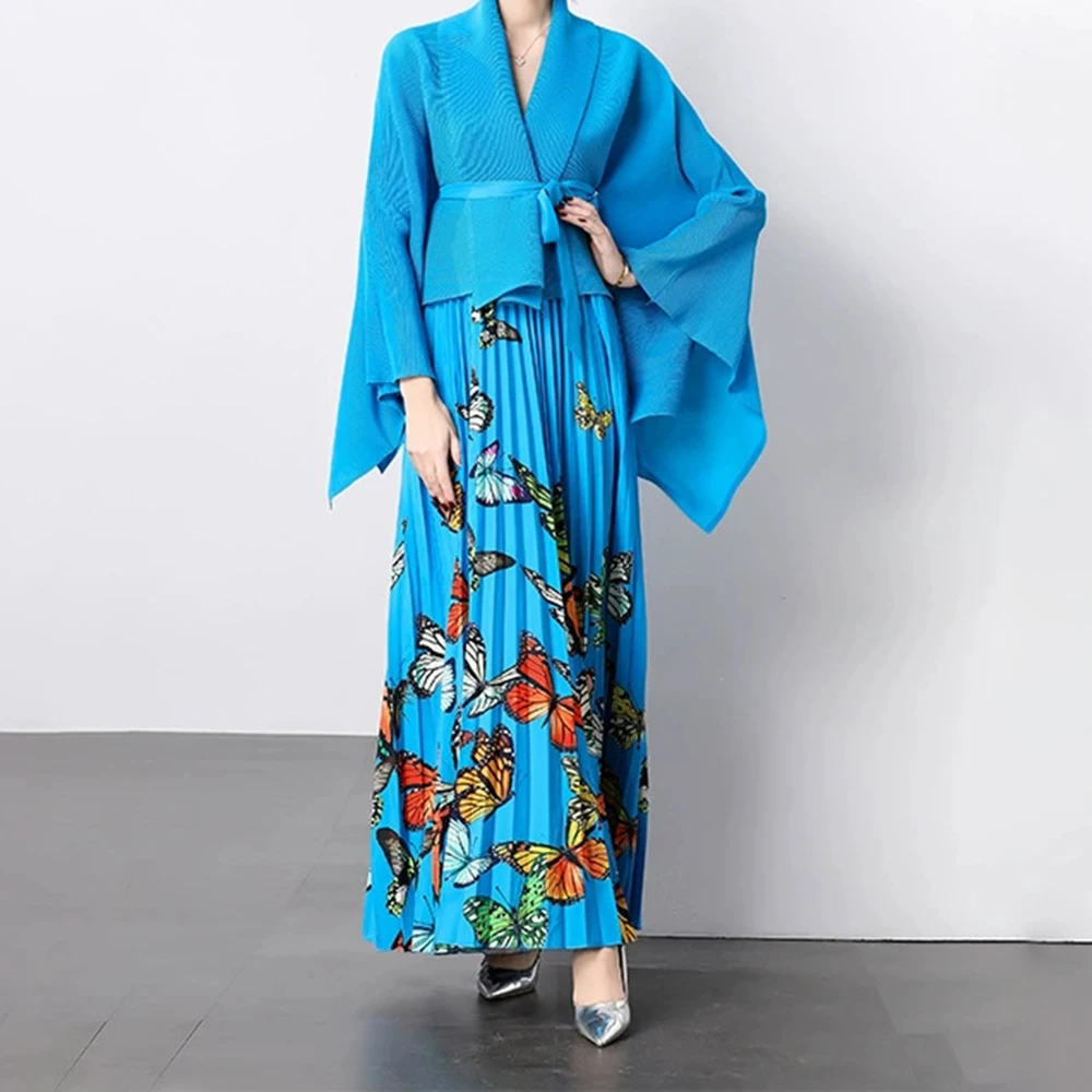 

High-end temperament new style pleated suit sun pleat solid color outer coat printed long skirt-GZXX161