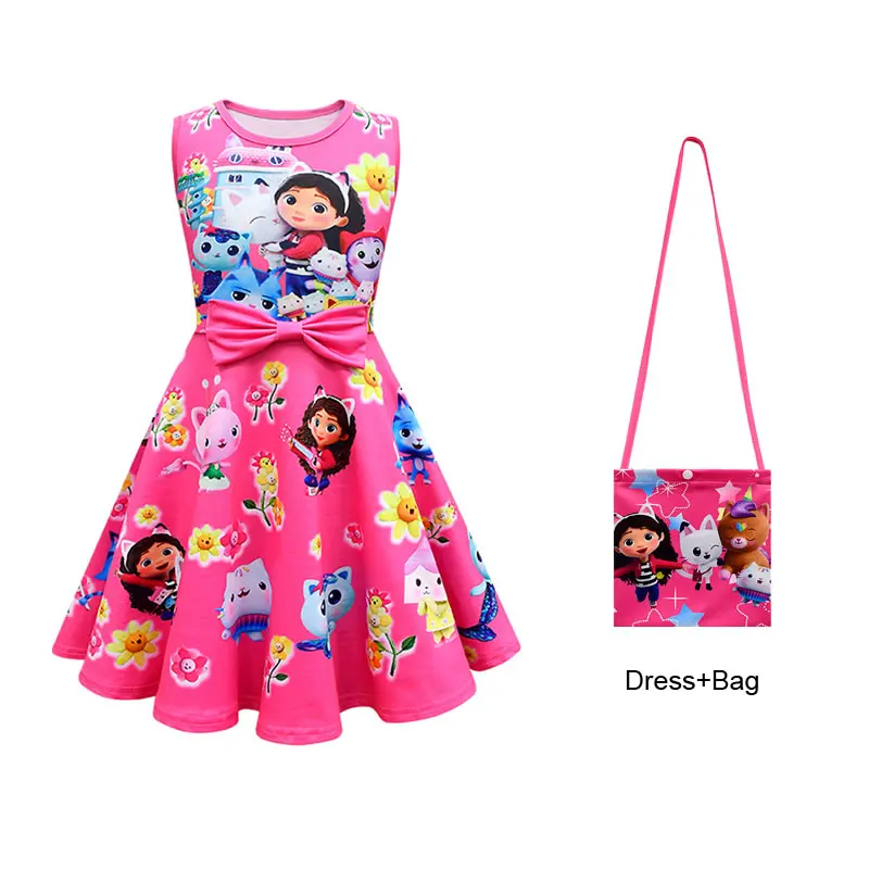 Summer Gabbys Dollhouse Dress For Teen Girl Costume Gabby Doll House Kid Up Print Bow Party Princess Frock Children Tunic