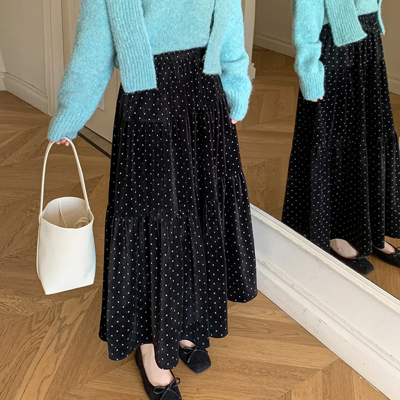 프렌치 스웨이드 프린트 도트 스커트 여성 빈티지 엘라스틱 웨이스트 A라인 스커트 여성 가을 겨울 2025 스트리트웨어 팔다스 신상