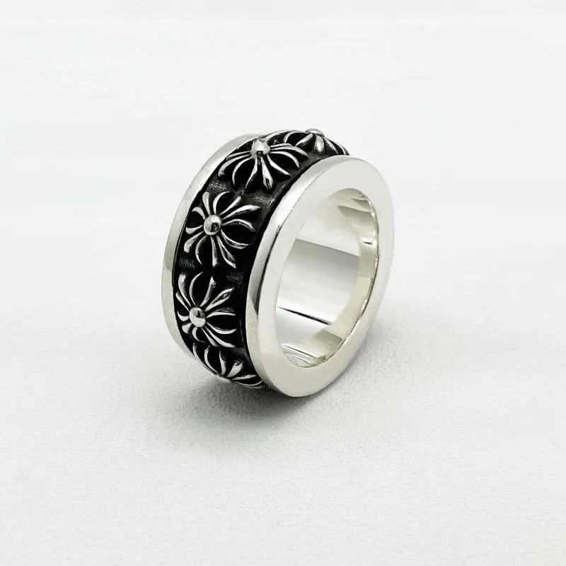 S925 Sterling Silver Retro Rotating Cross Flower Ring, European and American Men's Ring, Domineering