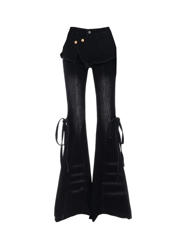 

Retro Fake Two-Piece Bell Bot Jeans Women's Spring New Belt Design Slim Fit Flared Pants High Waist Button Closure Casual ...