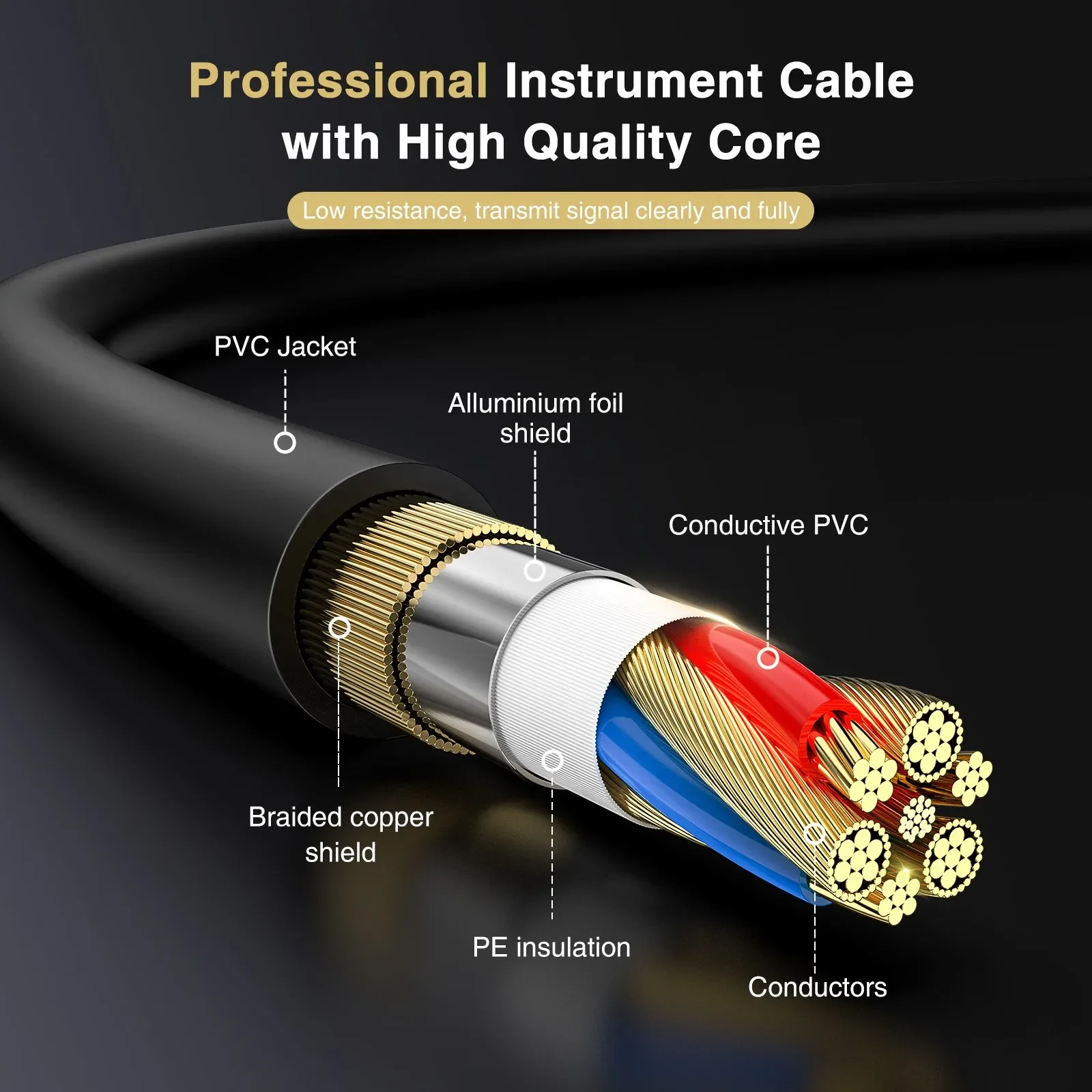 Cabo de instrumento com botão mudo Lekato (10 pés/20 pés) - plugues duplos pop-free, Ra Straight 1/4" para equipamentos de guitarra/baixo