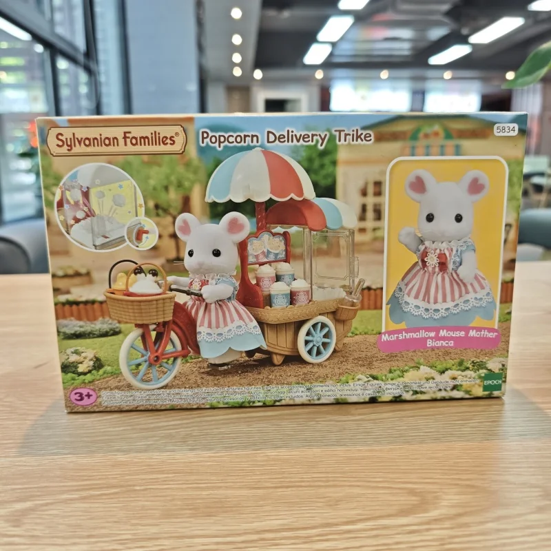 실바니안 패밀리 팝콘 배달 트라이크 세트 귀여운 토끼 인형 애니메이션 피규어 놀이 집 장난감 어린이 생일 선물 소녀용