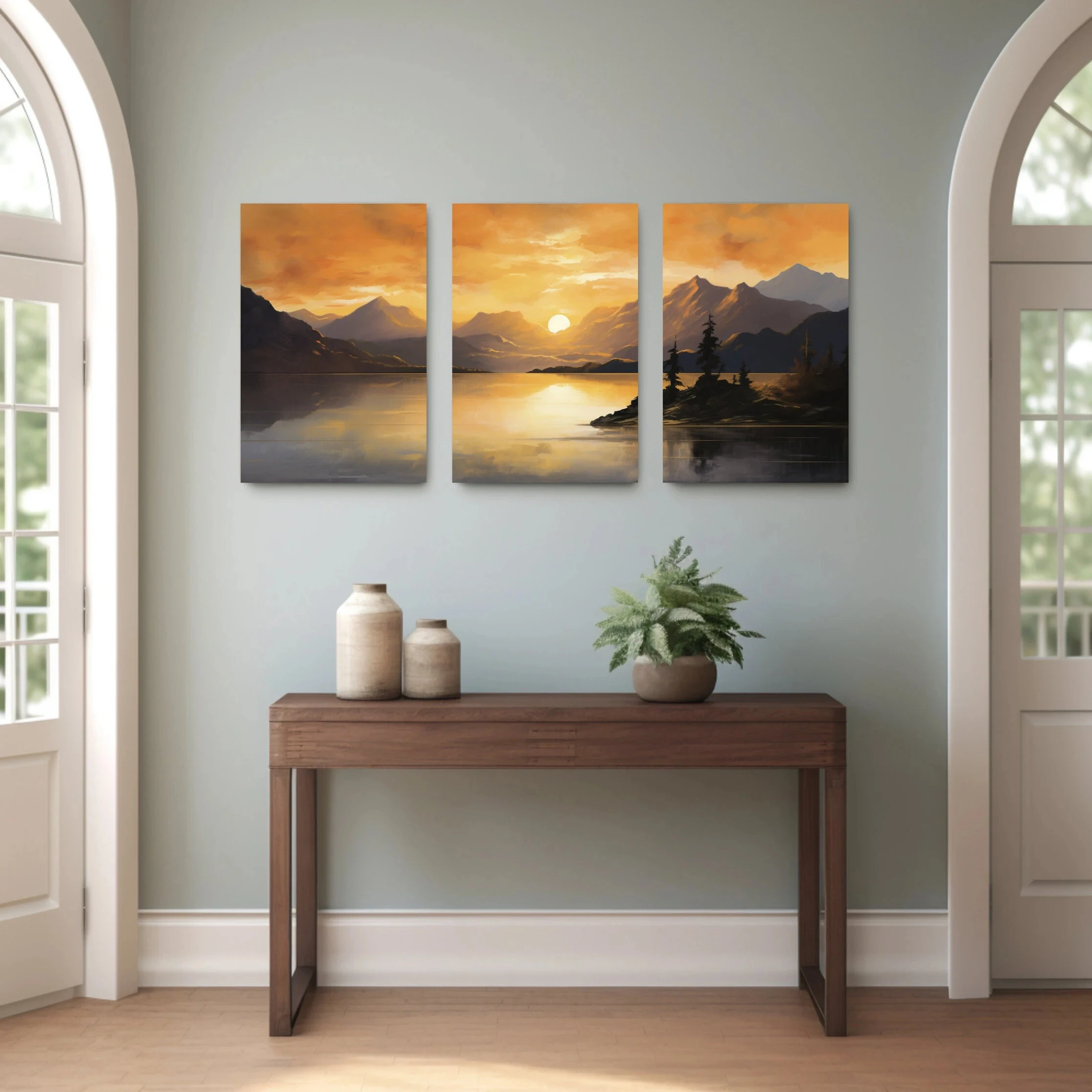 Sunset Mountain Lake Landscape Wall Art Prints, Warm Vintage Oil Painting Style Canvas Posters, Cozy Home Decor Living Room Art