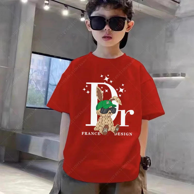 Summer Children's T Shirt Solid Color High Quality Luxury Brand Fashion Bear Print Street Kids T Shirt Top Baby Boy Girl Clothes