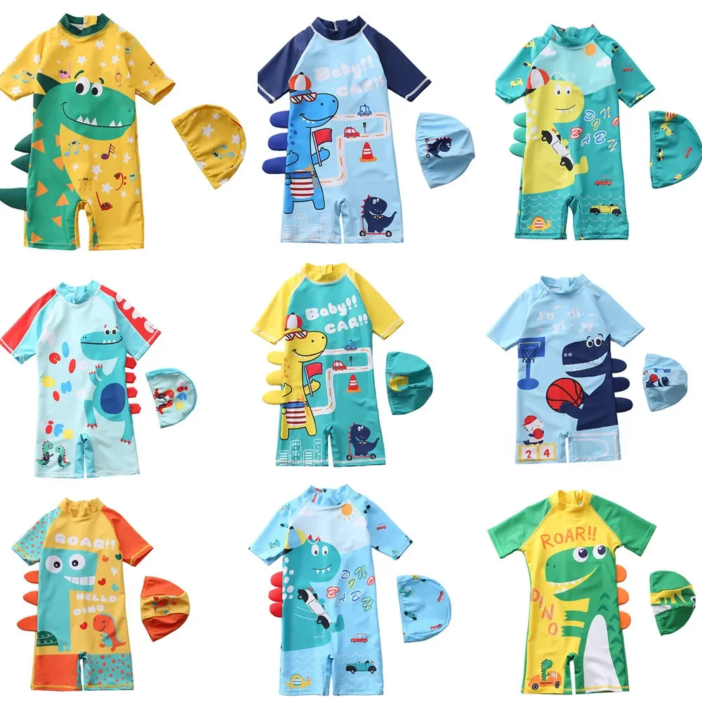 Kids Boys Swimsuit Cartoon 3D Dinosaur One Piece Swimming Diving Surfing Suit Swimwear + Hat Summer Beach Wear Fashion Swimsuits