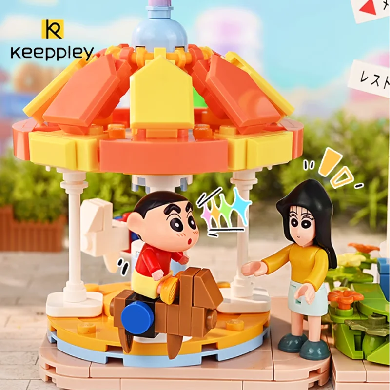 Keeppley Kawaii Crayon Shin-chan Cartoon Handmade Building Blocks Amusement Park Anime Peripheral Collect Toys Birthday Gift