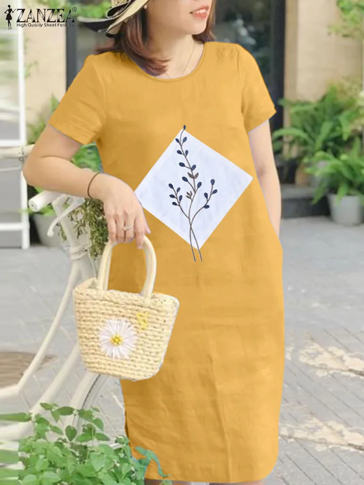 

ZANZEA Women Short Sleeve Robe Femme Cotton Fashion Loose Beach Midi Dress 2024 Summer Holiday Casual Floral Embroidery Sundress