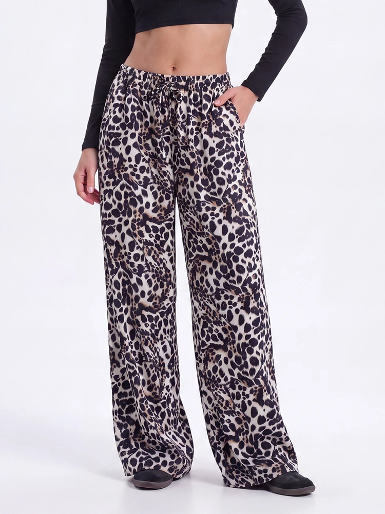 Leopard Print Wide Leg Sweatpants for Women High Wiasted Lounge Travel Pants Comfy Workout Gym Loose Yoga Pants with Pockets