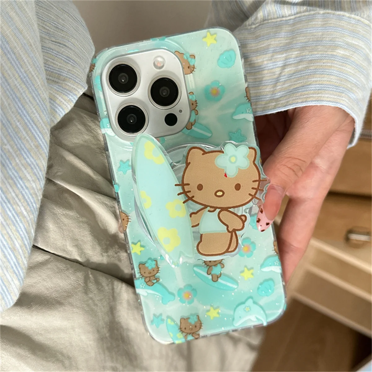 

Summer Vacation Hellokitty Dolphin Magnetic Stand Phone Case For iPhone 16 Pro 15 13 14 Pro Max Cover Cases for Magsafe Funda