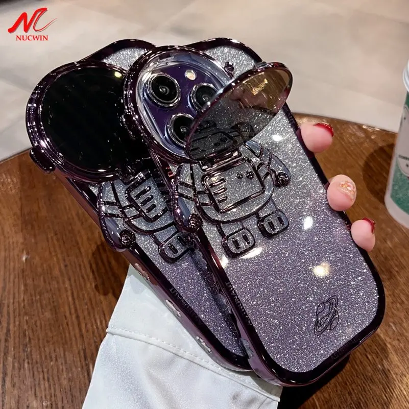 Full Camera Protection Astronaut Bracket Stand Holder Case for iPhone 11 12 13 14 15 Pro Max Plus Xr Luxury Glitter Soft Cover