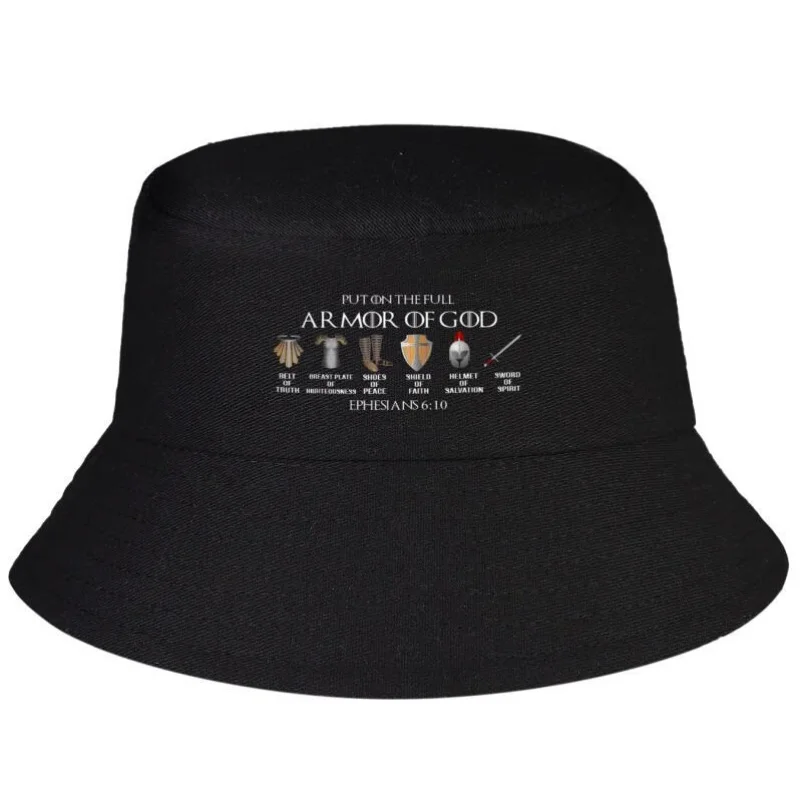 Chapeau Bob - Chapeau Bob noir avec motif biblique « Armure de Dieu » et 6 éléments d'armure spirituelle (Foi, Sauvetage, Prière, Paix)