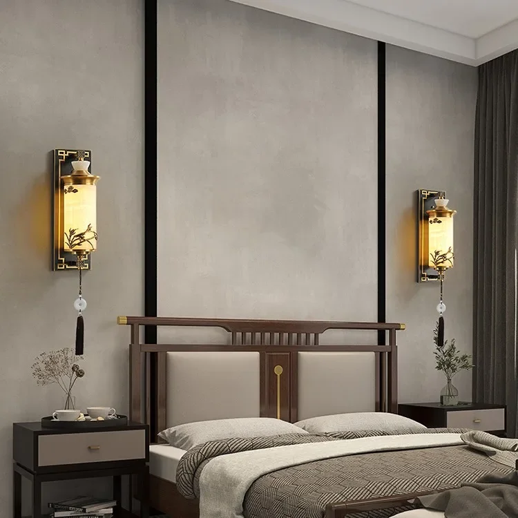 Jade neue chinesische Wandlampe, neuer ganz aus Kupfer im chinesischen Stil, Wohnzimmer-Zen-Nachttischlampe, Veranda-Gang