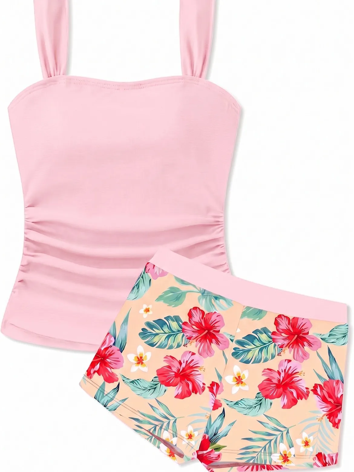 Two Piece Swimsuit Girls Coconut Tree Print Tankini Set Sweet Swimwear for Teens 7-16Y New Beachwear Bathing Suit
