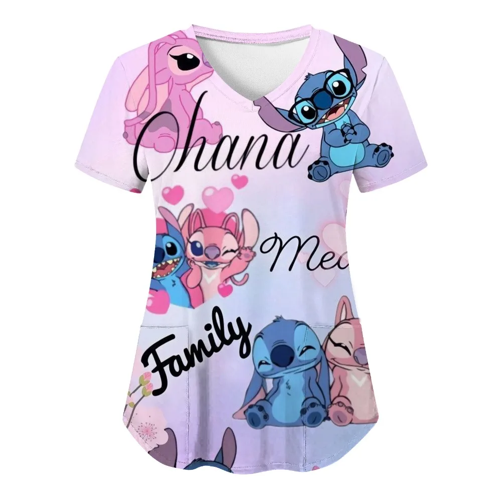 

Disney Stitch Cartoon Nurse Uniform Summer 3D Print Woman Clothing New Women T-shirts Y2k Album Pocket Hospital V Neck Top Neck