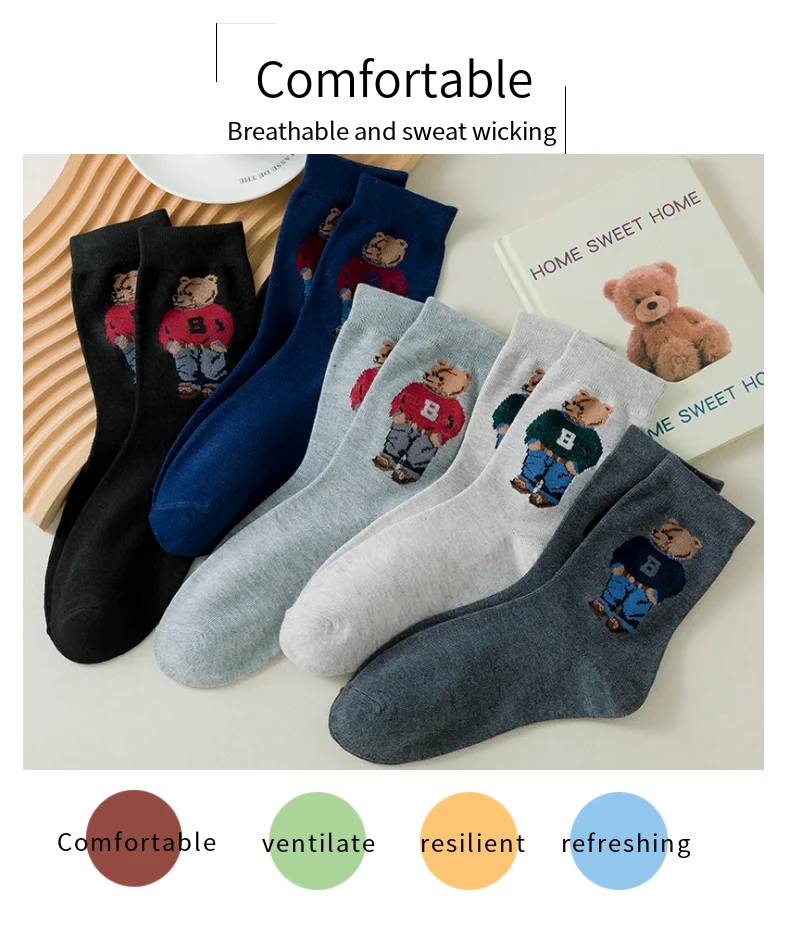 5 Paar Gentleman Bear Herrensocken, bequeme Harajuku-Skateboard-Socken, neuartige atmungsaktive Socken, Weihnachtsgeschenk – Detail 3