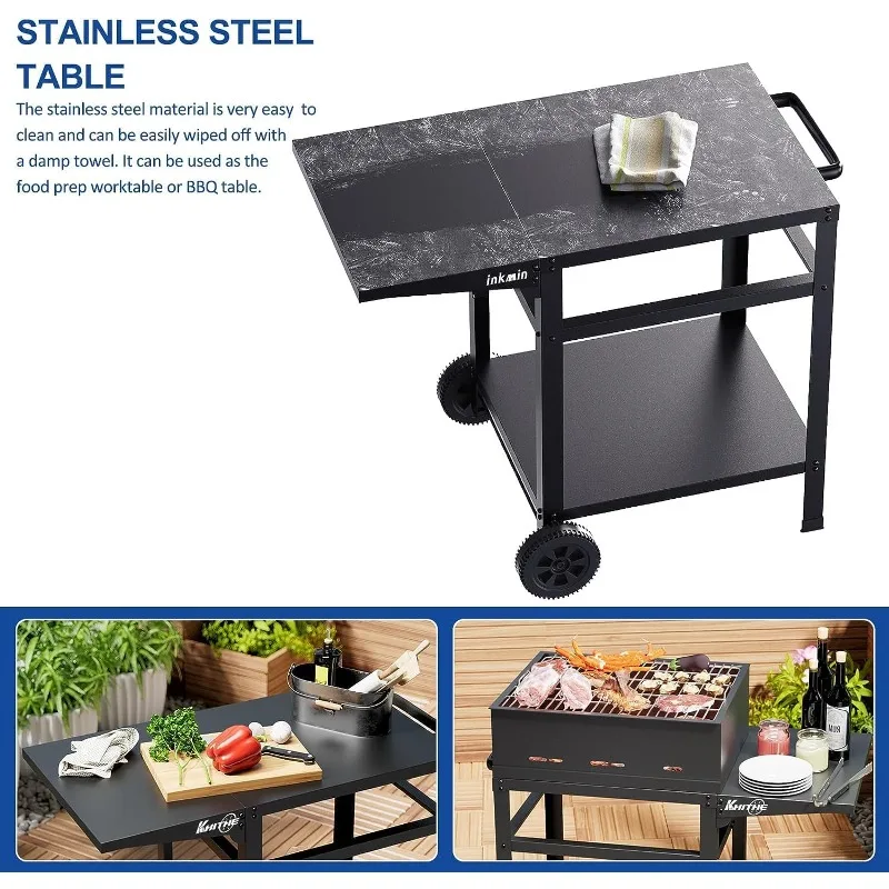 Pizza Oven Cart Table Outdoor Grill Cart Double-Shelf Movable BBQ Grill Table Stand Stainless Kitchen Food Prep Trolley