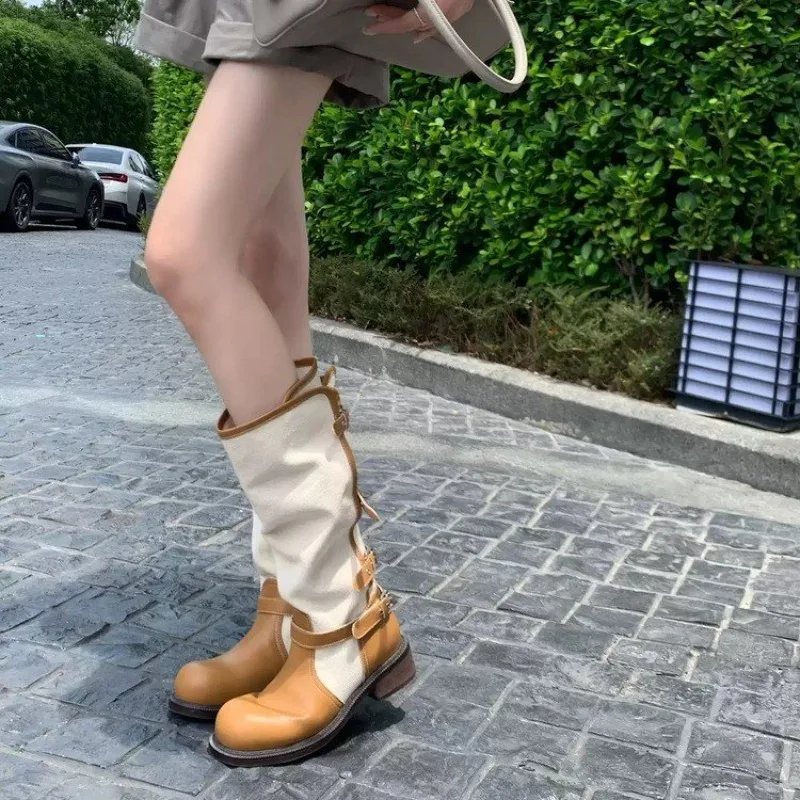 Women's High Knee Boots, Chunky Platform Stacked Rider Boots, Spring/Autumn Two-Way Edgy Fold-Over Cuff Fashion Design