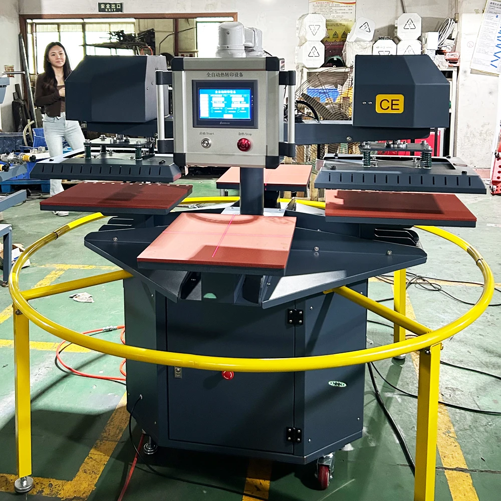 A  Fully Automatic Rotary Two Heating Plate Four Stations DTF T Shirt Label Heat Press Machine 40x60cm