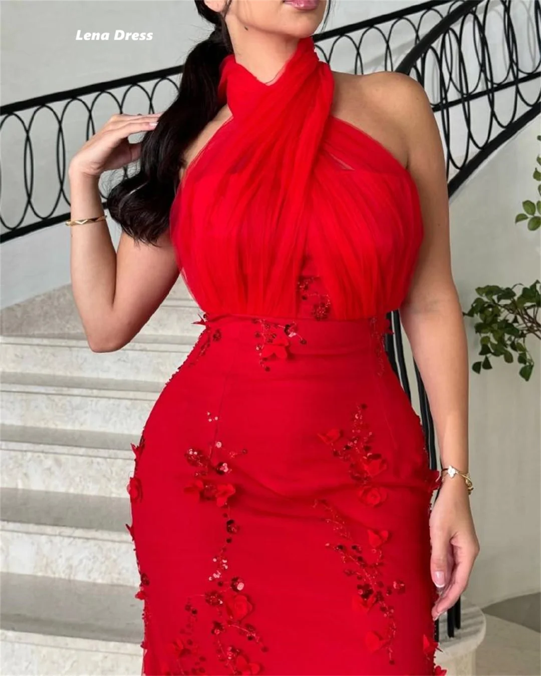 Lena Red Elegant Evening Dresses for Women Luxury Evening Dresses 2025 Custom Made Halter Neck Flower Embroidery Party Woman