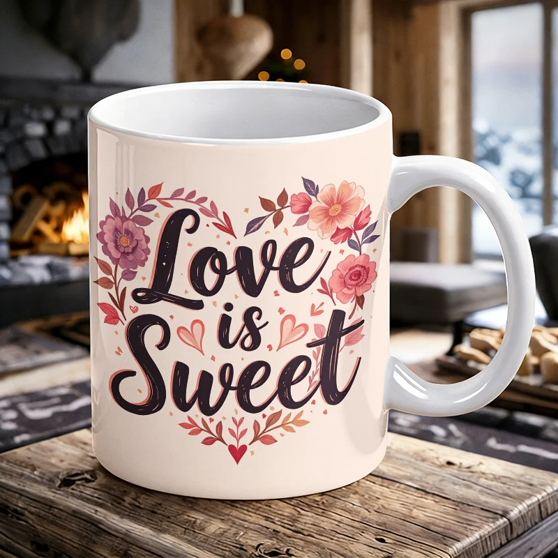 

'Love is Sweet' floral heart ceramic cup with handle, creative coffee cup, milk cup, office tea cup, drinking cup,fade-resistant