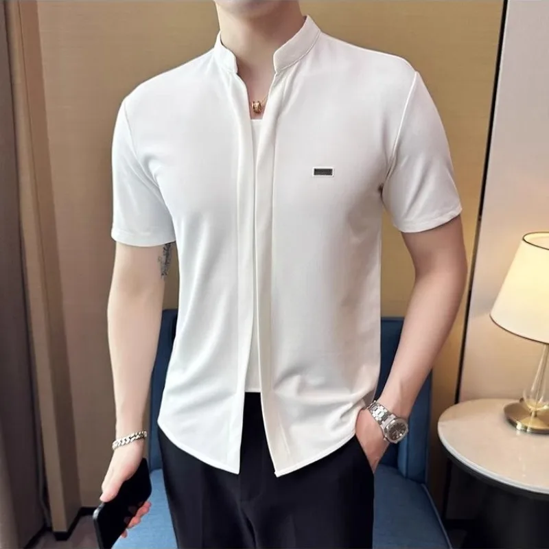 American Style Trendy Summer New Men\'s Stand Collar Solid Color Smart Casual Simplicity Versatile Short Sleeve Slim T-Shirts Top