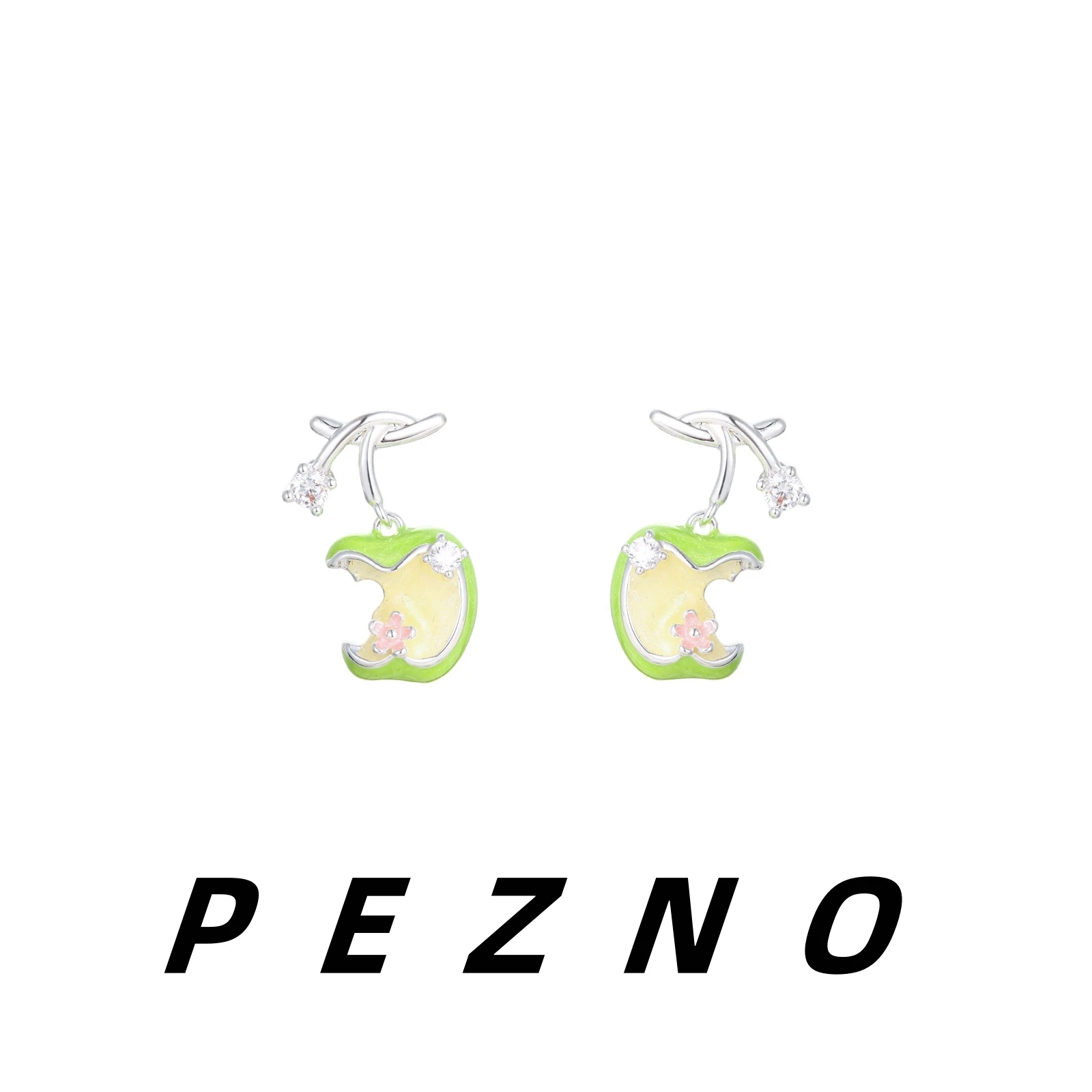

Cute Enamel Green Bitten Apple Dangle Stud Earrings for Women Silver Tone CZ Crystal Flower Earrings Fashion Jewelry Daily Gift