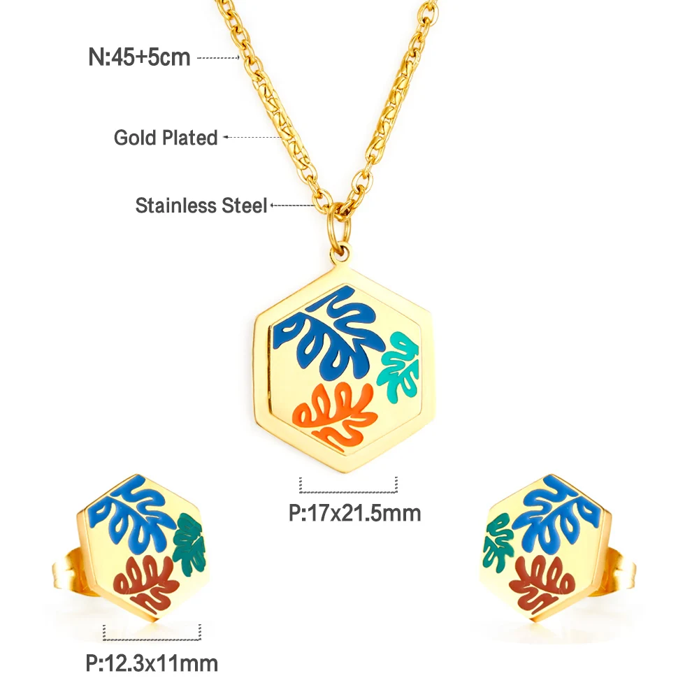 LUXUKISSKIDS Hexagon Jewelry Sets Multi-Color Designer Pattern Leaf Boho Studs Earrings And Necklaces Wedding Party Trendy Sets