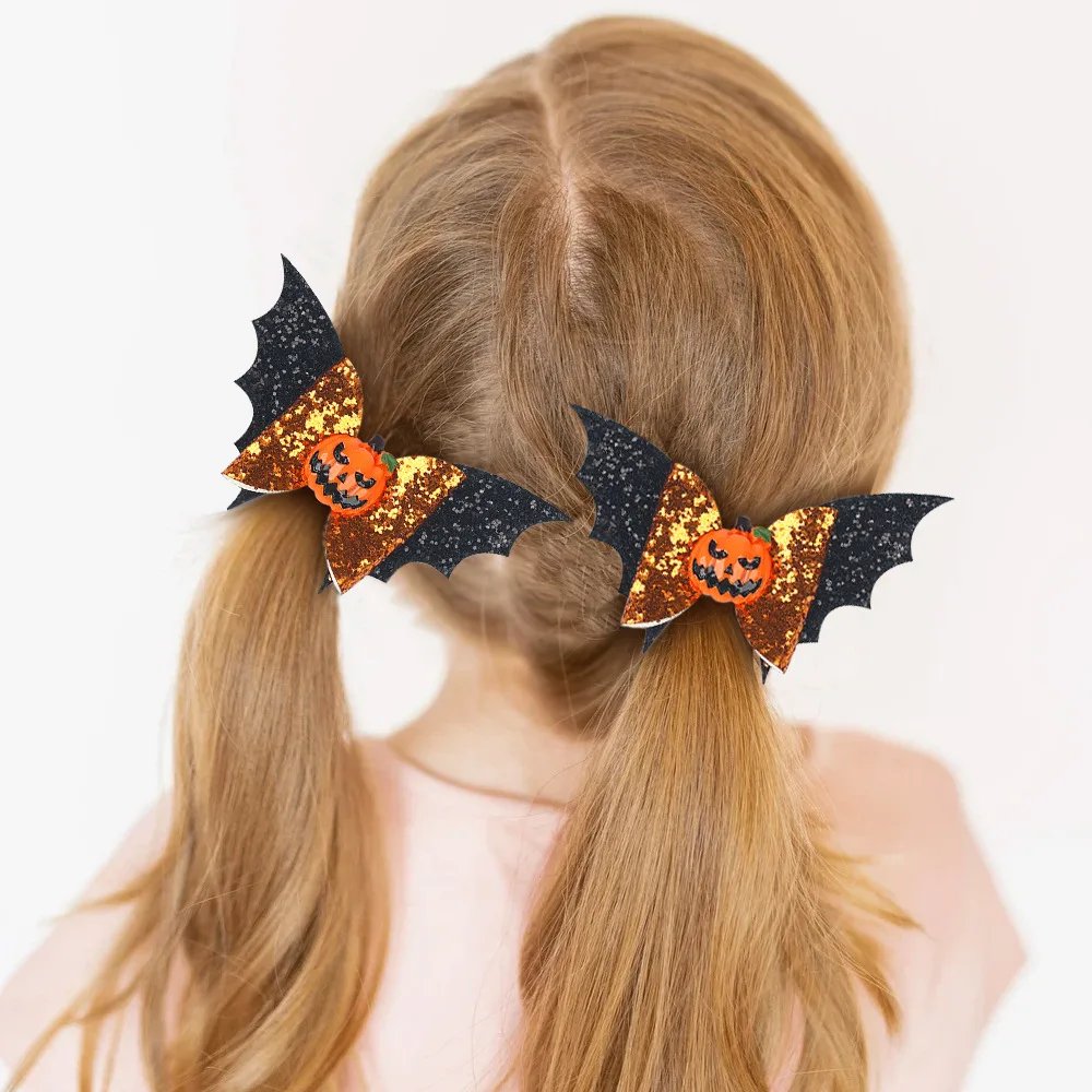 1 Pair of New Children's Bow Hair Clips with Halloween Elements, Personalized Double-layer Bat Wings Bow Edge Clip Pumpkin Head