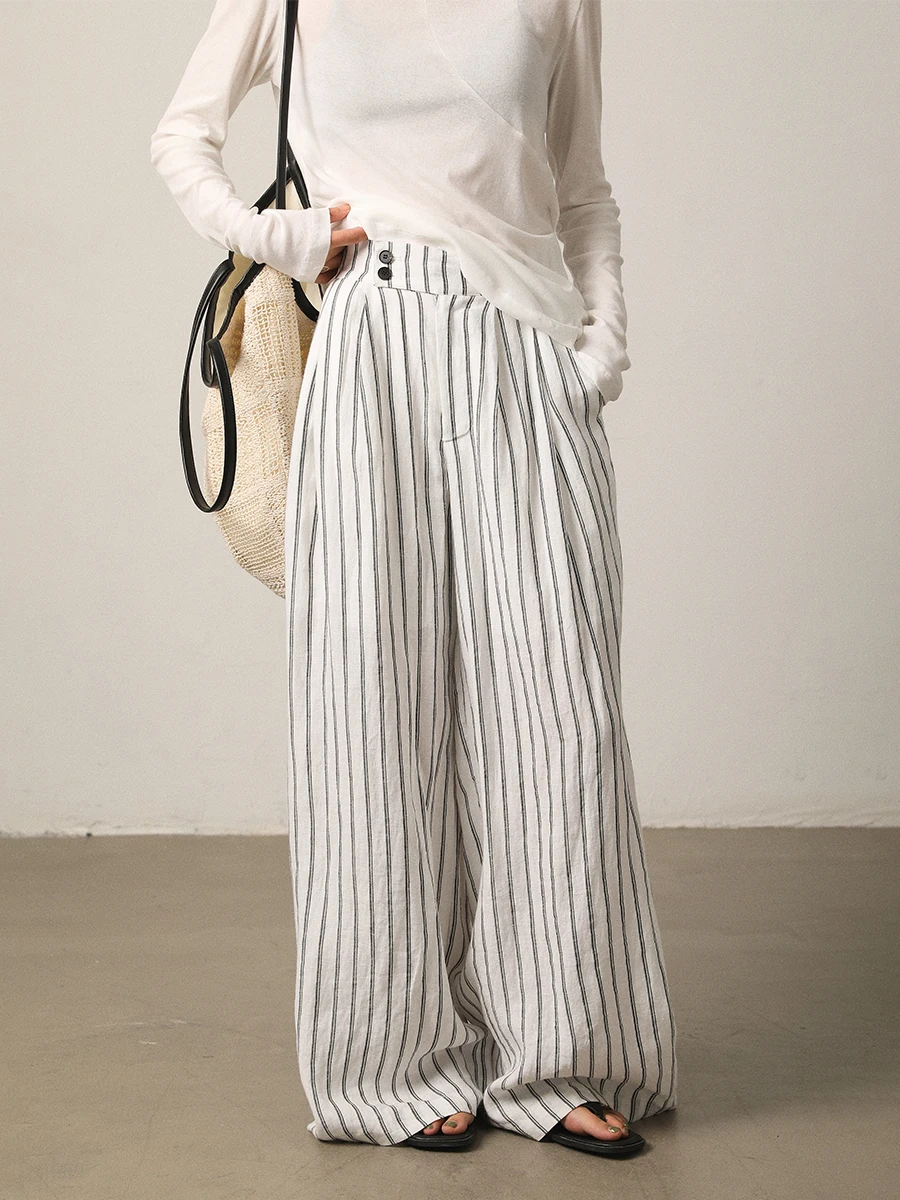 

Vimore Women's Wide Leg Pants Floor-Length Cotton Linen Casual Straight Stripe Pattern Drapey Elastic Waist Loose Fit