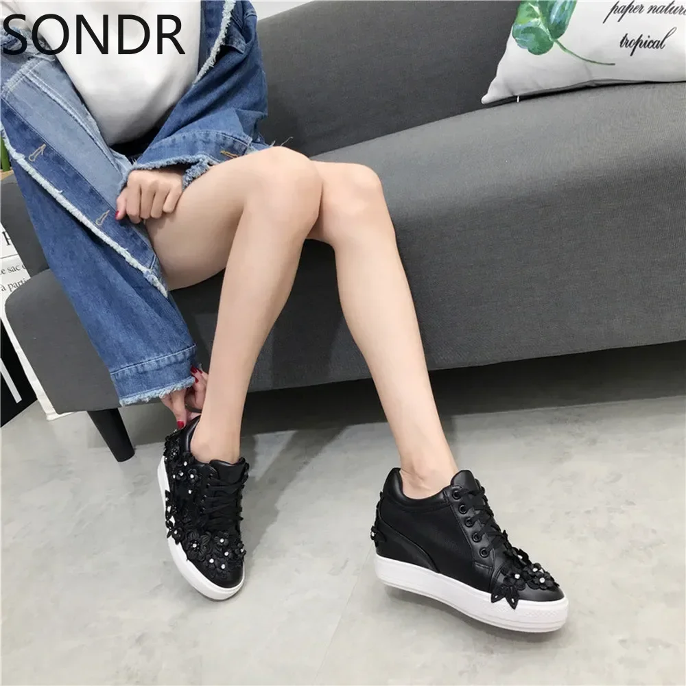 Womens PU Leather Rhinestones Lace Flowers Wedge Hidden High Heel Sneakers Shoes Lace Up Black White Girls New 2024