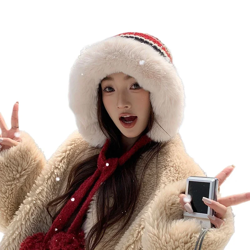 Women Knitted Beanie Hat ‌Fleece-Lined Thick Knit Beanie Cap Lined Hood Windproof Warm Winter New Year Hats Christmas Gift