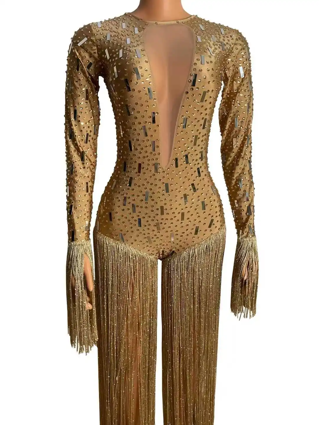 Przyciągające wzrok, błyszczące, eleganckie, brokatowe damskie body z frędzlami na powrót do domu, świętowanie, kostiumy królowej pokazów w Las Vegas.