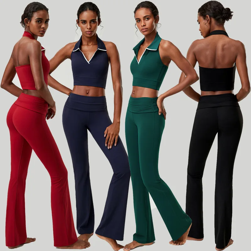 New Plus Size Yoga Outfit Set Seamless Shaping Halter V-Neck Top Fold Over Waist Flared Leggings Stretchy Workout Fitness Suit