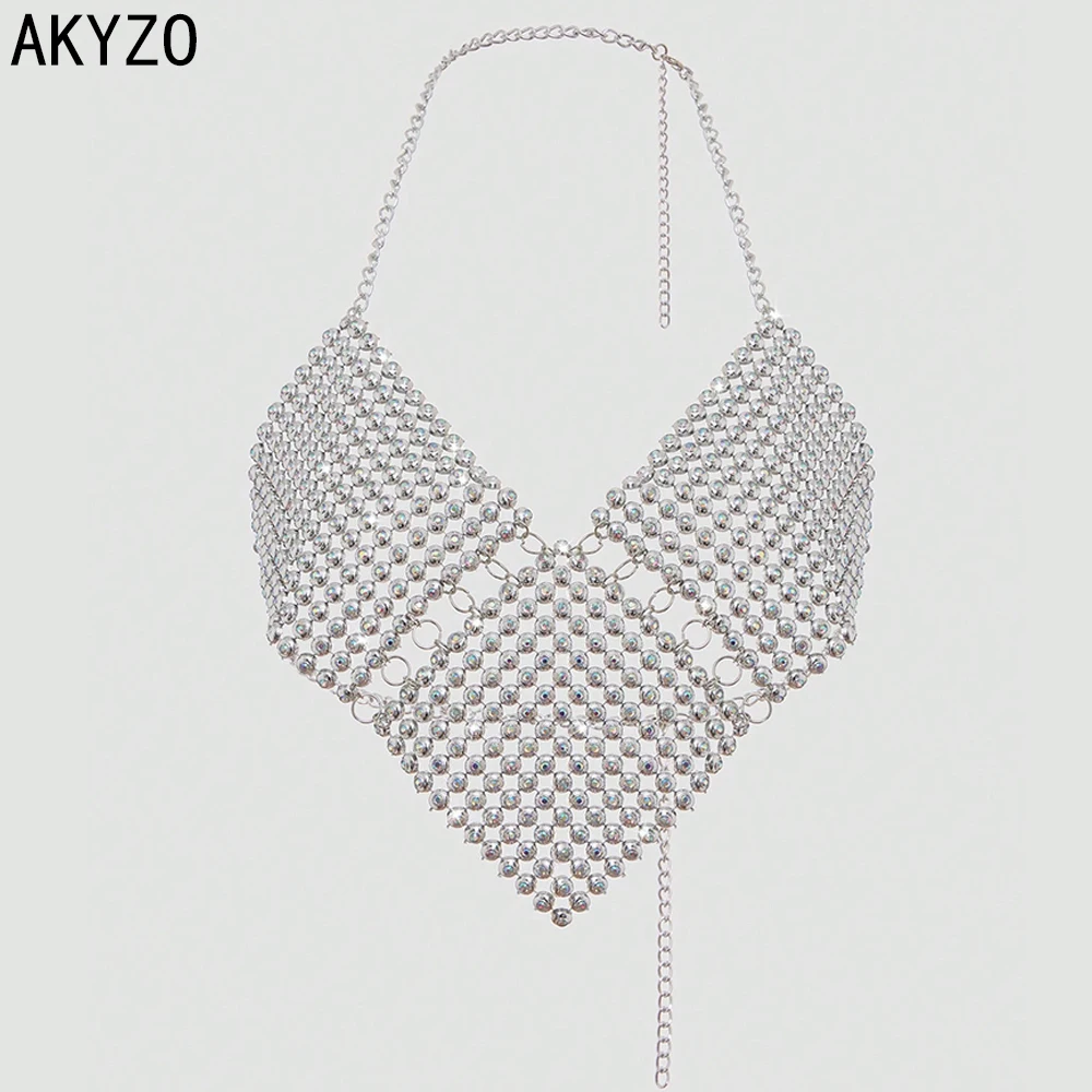 

AKYZO Sexy Rhinestone 3-piece Rhombus Splicing Metal Top Hanging Neck TANK TOPS Women's Wear