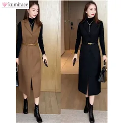 Mid Length Fashionable Suit Dress for Women's 2024 Spring and Autumn New Sweater Vest Dress Temperament Two-piece Set