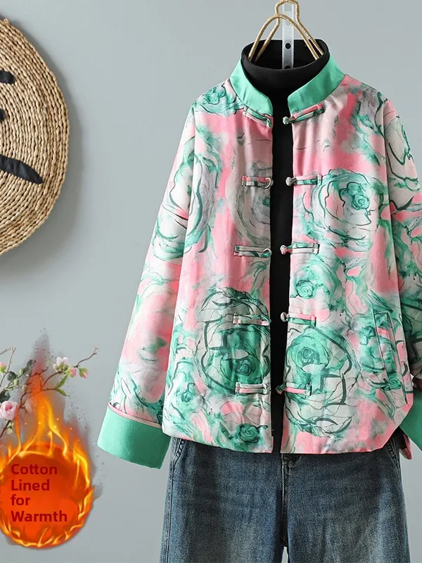 

Large Size Cotton Jaet Silk Printed Chinese Sle Button up Winter Coat for Women Commute Sle Loose Fit Long Sve
