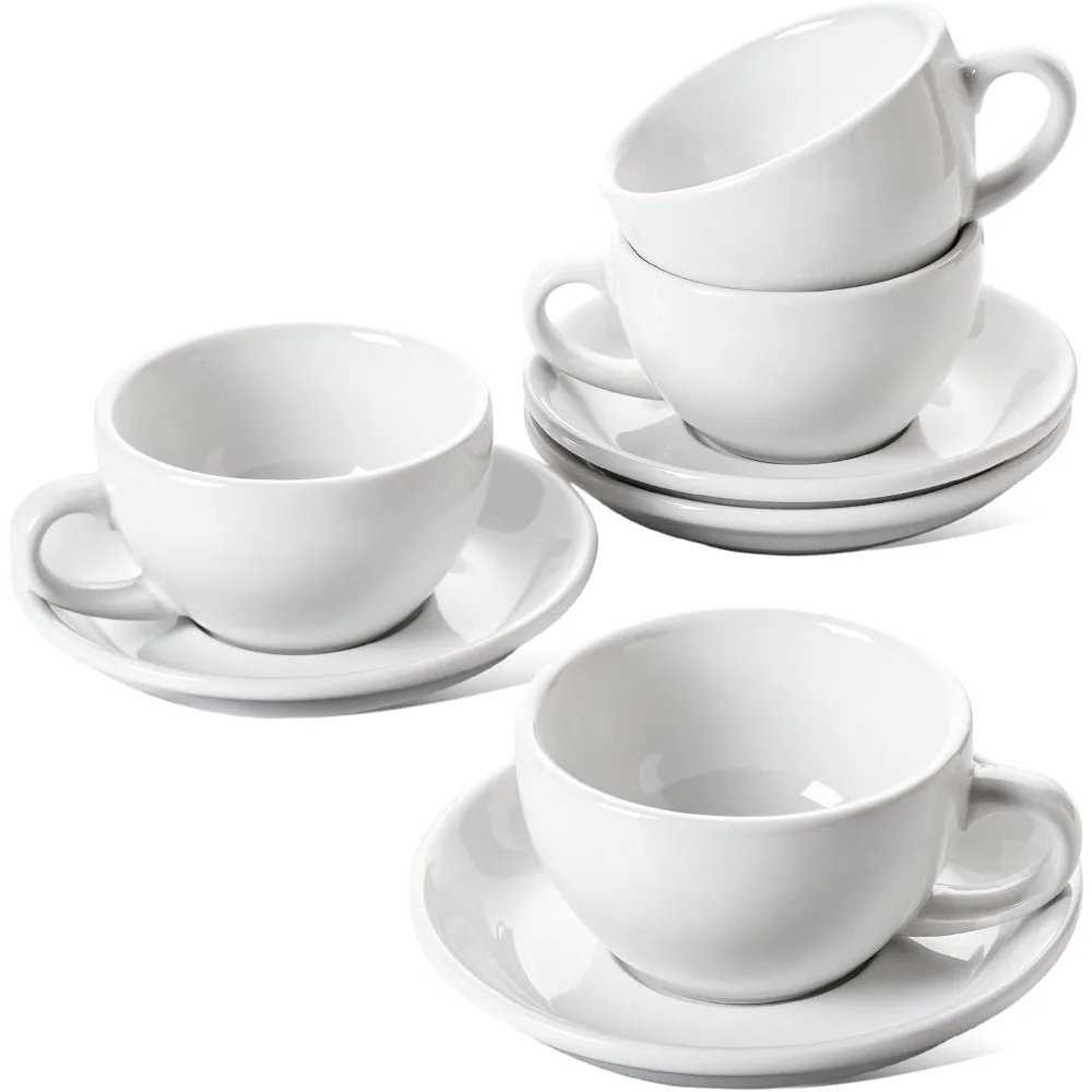 

XMSJ 8 oz Cappuccino Cups with Saucers，Ceramic Large Coffee Cup for Au Lait, Double shot, Latte, Cafe Mocha, Tea - Set of 4