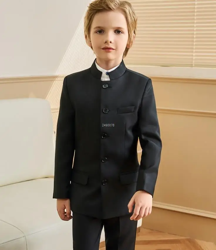 Boys Black 007 Suit Children White Baptism Suit School Student Graduation Class Dress Kids Formal Chinese Style Chorus Dress