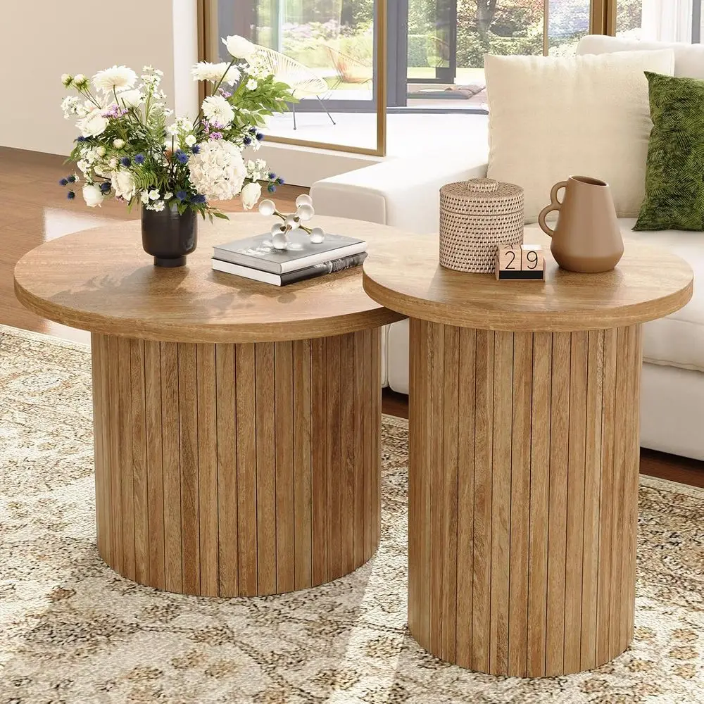 

Pair of Mid-Century Modern Round Wood Slat Coffee Tables, Natural Oak Finish, Ideal for Living Spaces and Balconies