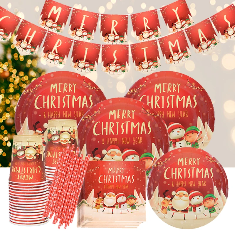 عيد الميلاد موضوع أدوات المائدة القابل للتصرف سانتا كلوز نمط مجموعة أدوات المائدة ورقة كأس لوحة المناديل عيد الميلاد أدوات المائدة المنزلية الديكور #1