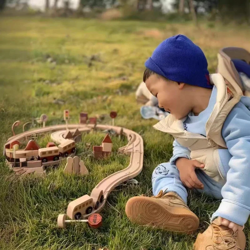Diy drewniany samochód torowy zabawki dla dzieci prezenty świąteczne Puzzle montaż pociąg zestaw gier Montessori gry planszowe sensoryczne zabawki dla dzieci konstruktor