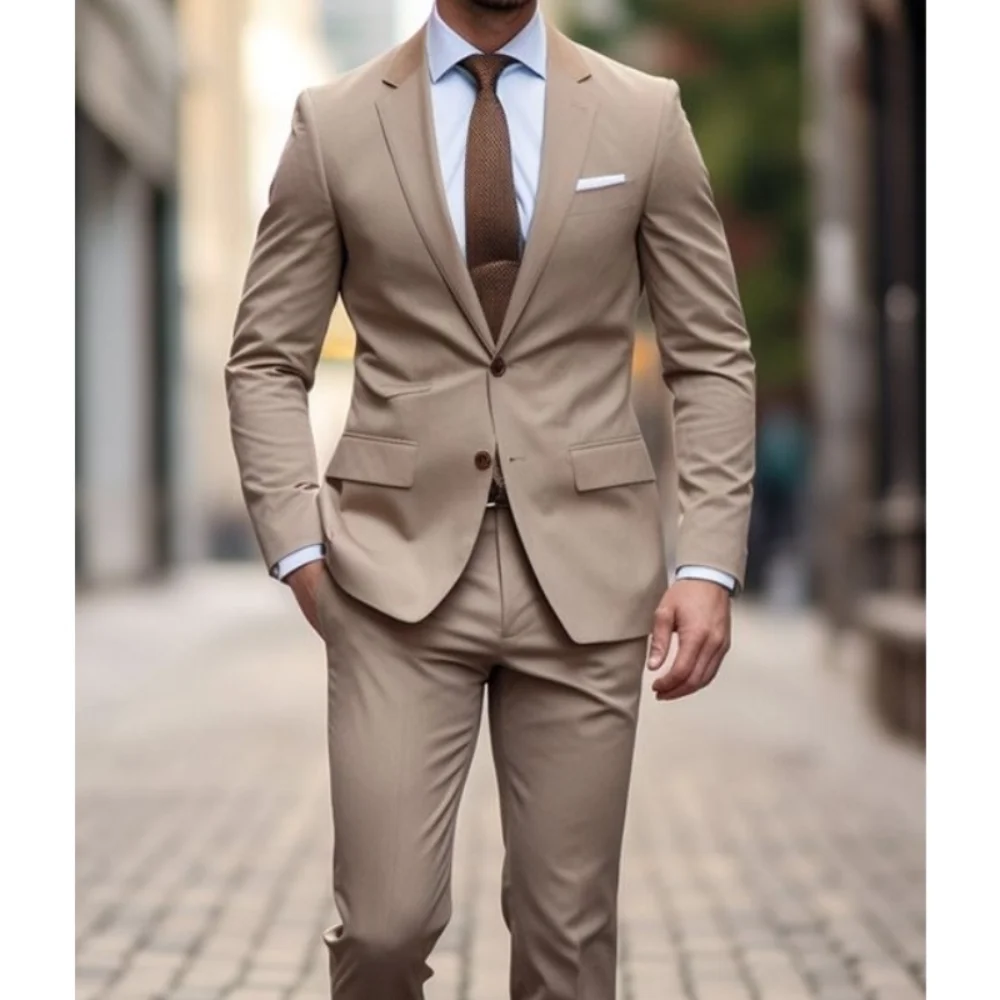 

Summer Light Brown Men Suits Chic Groom Wedding Tuxedo Slim Fit Formal Notched Lapel Single Breasted Smart Casual Suits 2 Piece